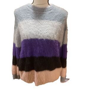 PRMA Shaggy Colorblock Long-Sleeved Blue Purple White Black Sweater Women XS
